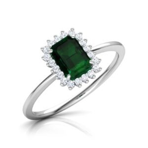 Emerald Cut Halo Ring, 7x5 Gemstone Sterling Silver