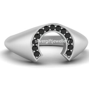 Horseshoe Ring with Black Stones, Lucky Sterling Silver Ring