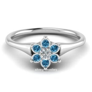 Light Blue Flower Ring, Pale Blue Stones 925 Silver