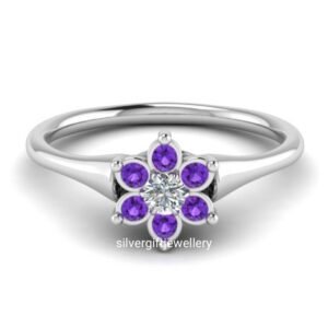 Purple Flower Ring, Purple and White Stones 925 Silver