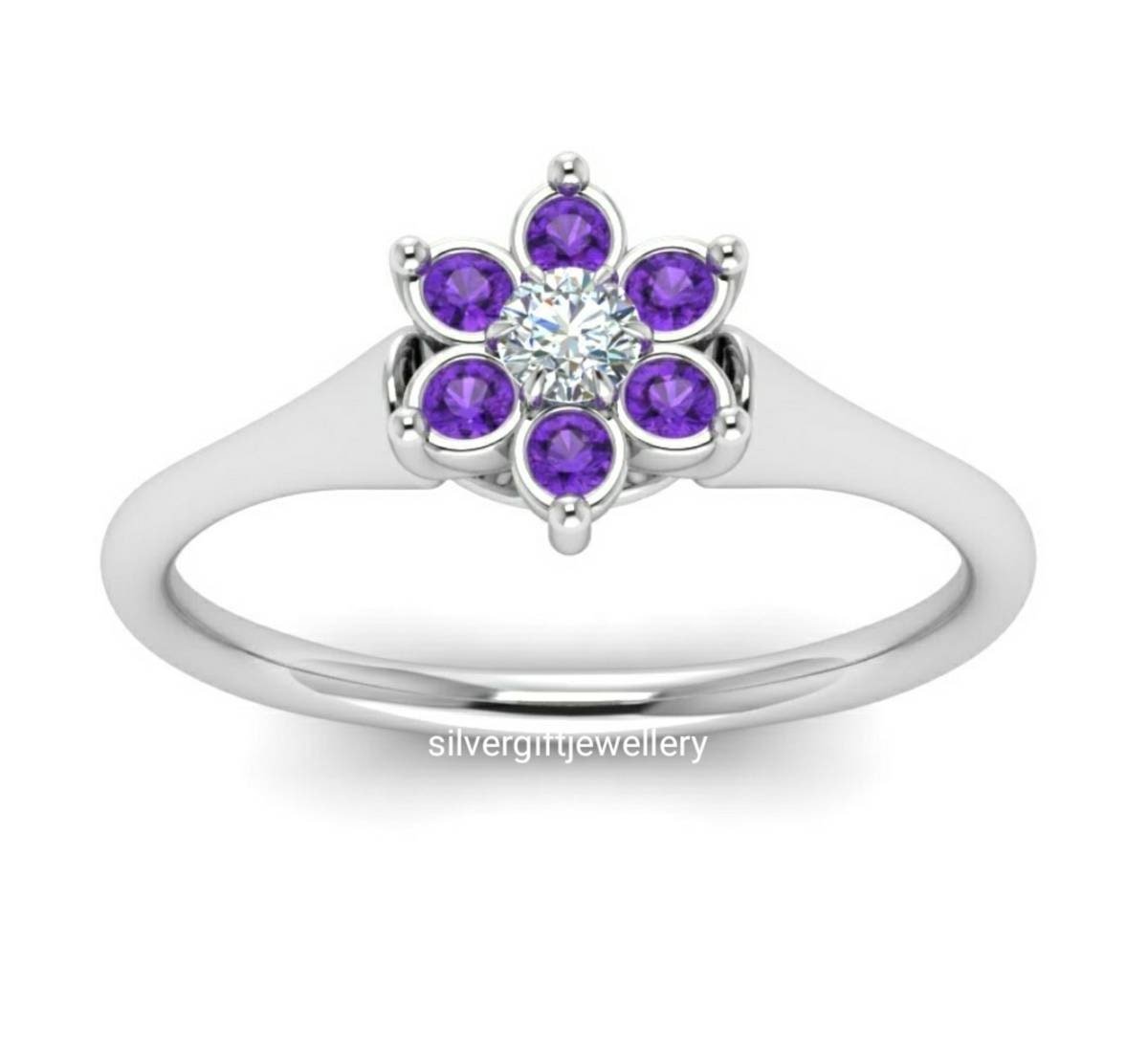Purple Flower Ring, Purple and White Stones 925 Silver - Image 5