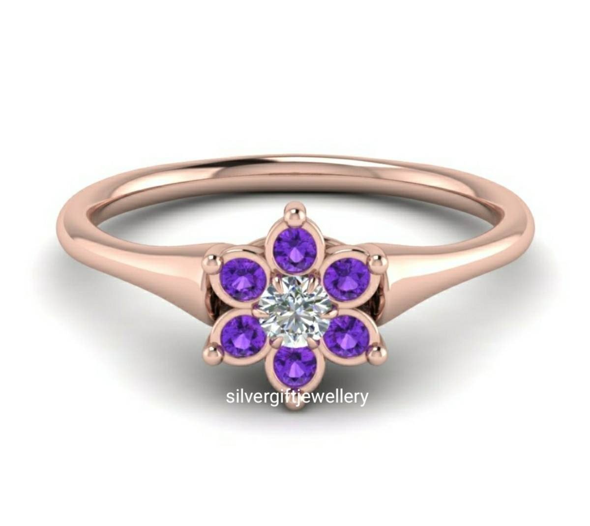 Purple Flower Ring, Purple and White Stones 925 Silver - Image 3