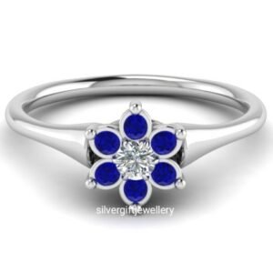 Blue Flower Ring for Women, Blue and White Stones 925 Silver