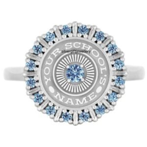 Fancy Blue Stone School Ring, Classic 925 Silver Class Ring
