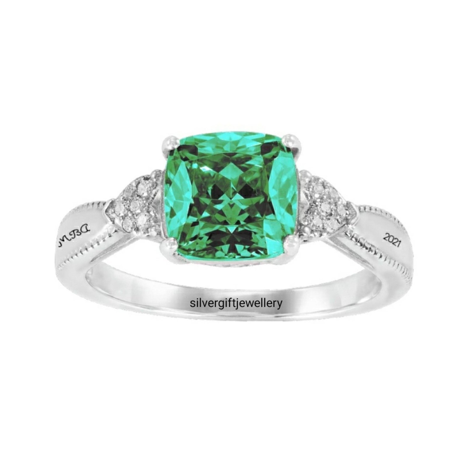 Cushion High School Ring for Her, Soft Corner Stone 925 Silver - Image 2