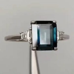 Green Step Cut Ring for Women, Lab Gemstone 925 Silver