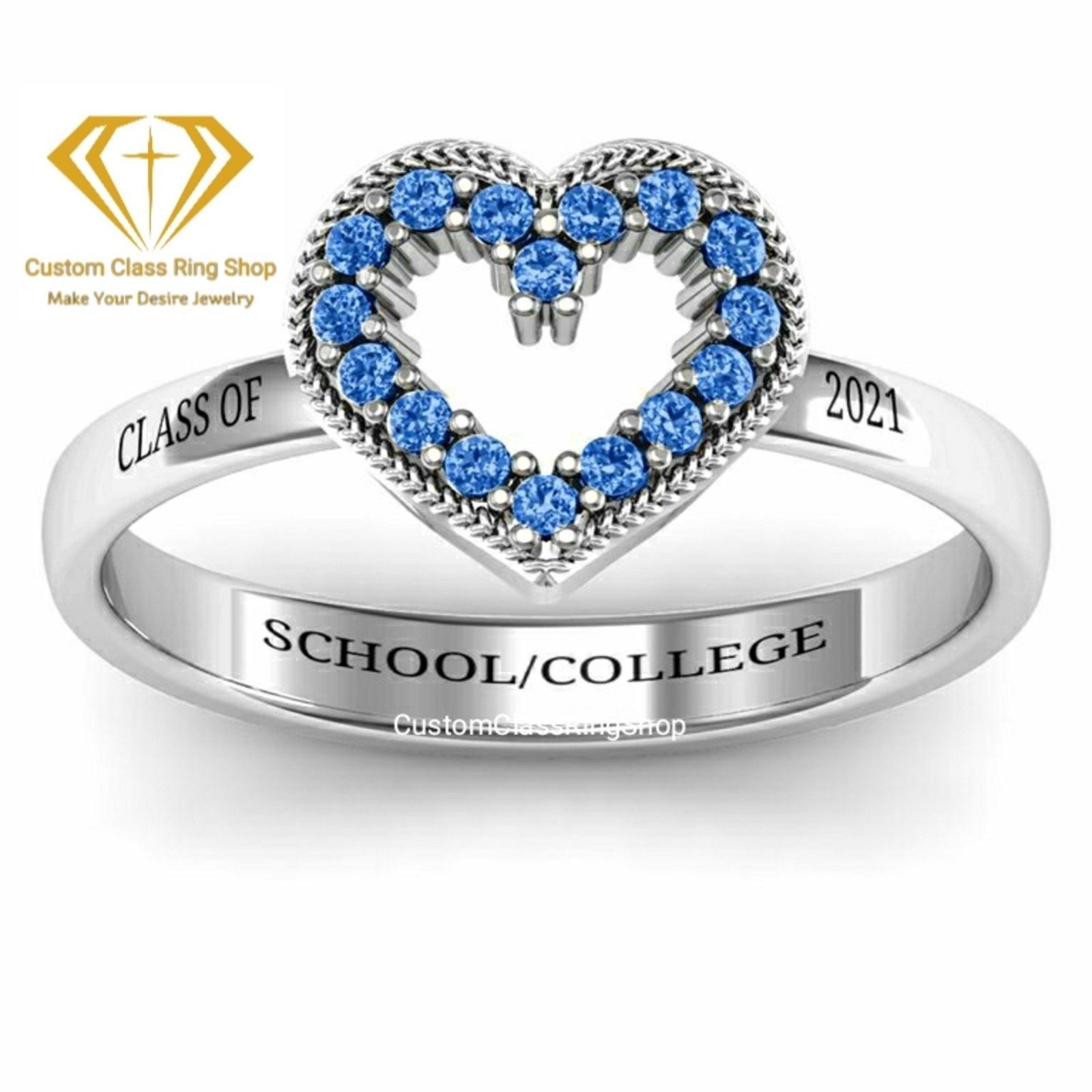 Heart Band Class Ring for Her, Solid Gold or 925 Silver Gift - Image 2