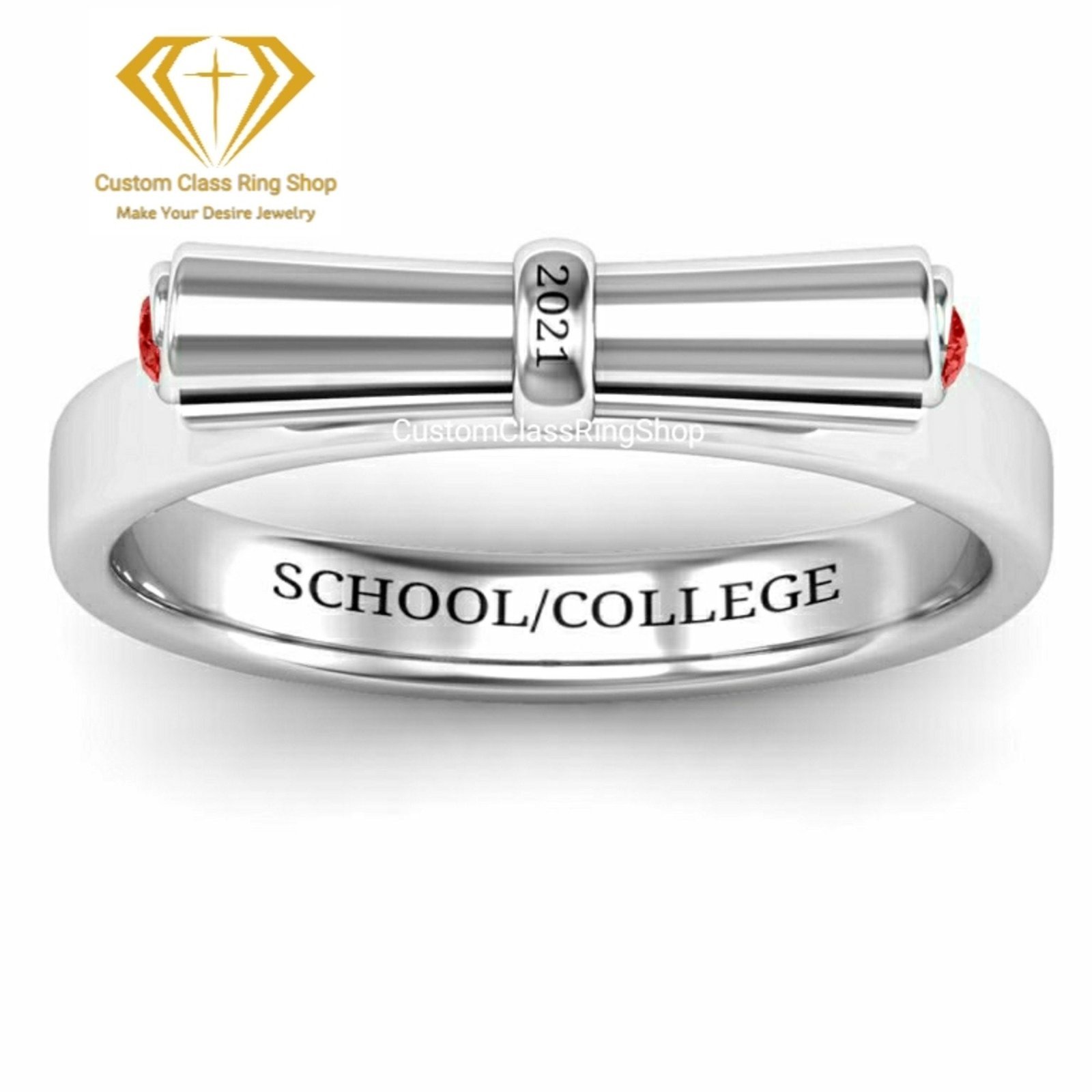 Round College Senior Ring, Solid Gold or Sterling Silver Gift - Image 2