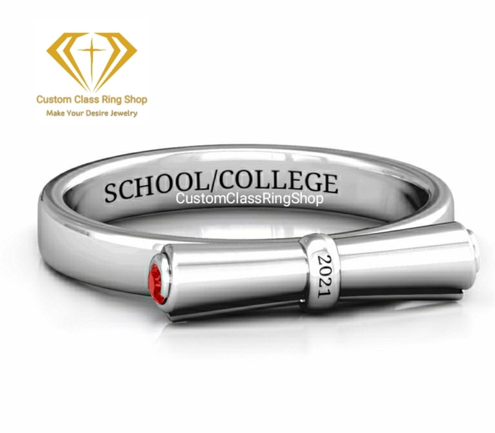 Round College Senior Ring, Solid Gold or Sterling Silver Gift