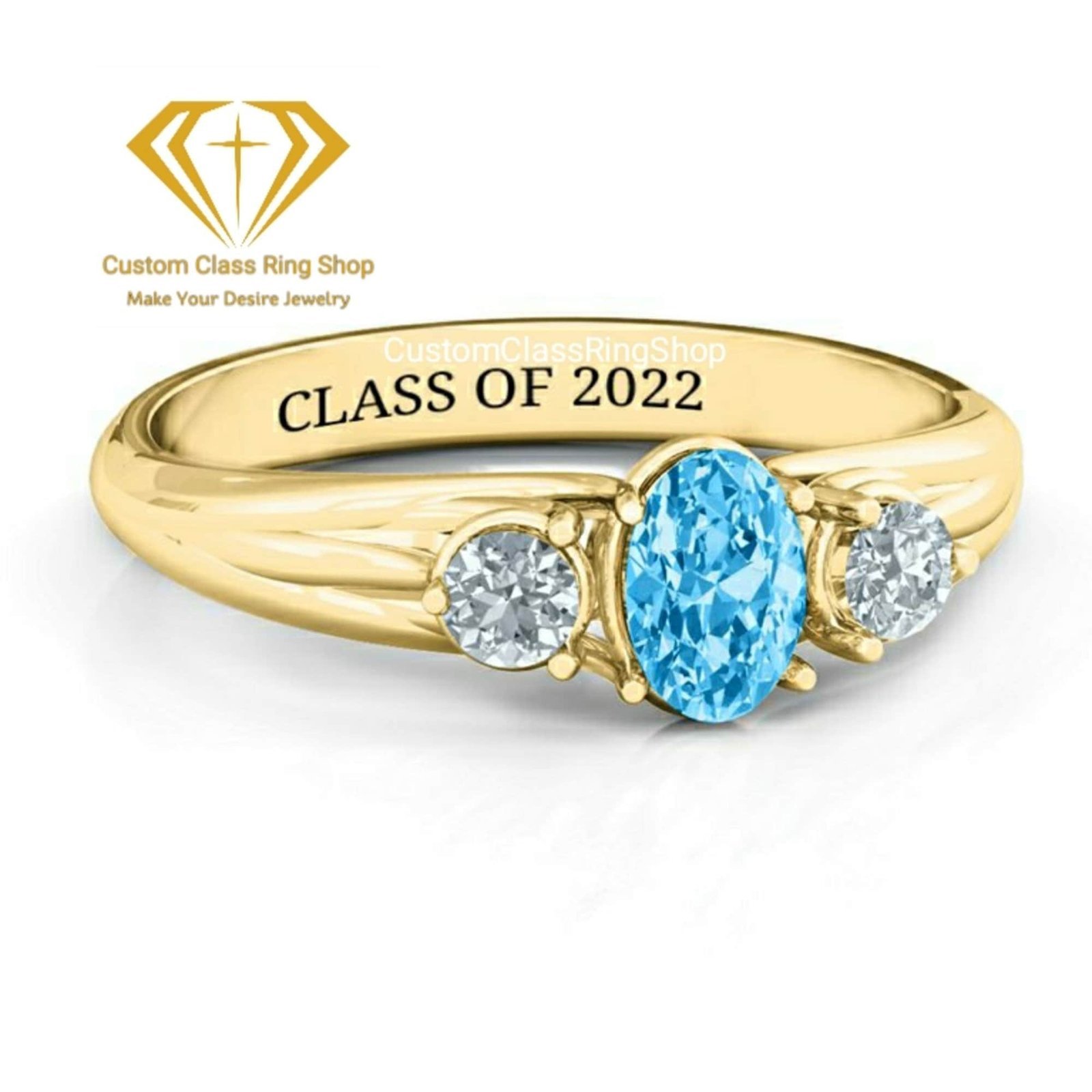 Oval Class Year Ring with Accents, Solid Gold or 925 Silver - Image 2