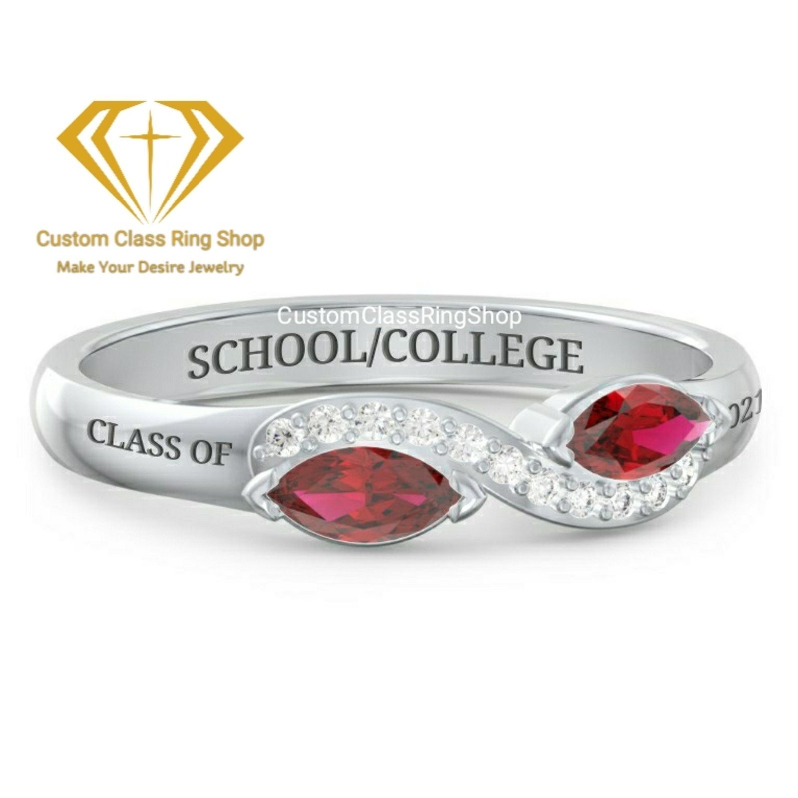 Marquise Stone High School Ring, Engraved 925 Silver Grad Gift