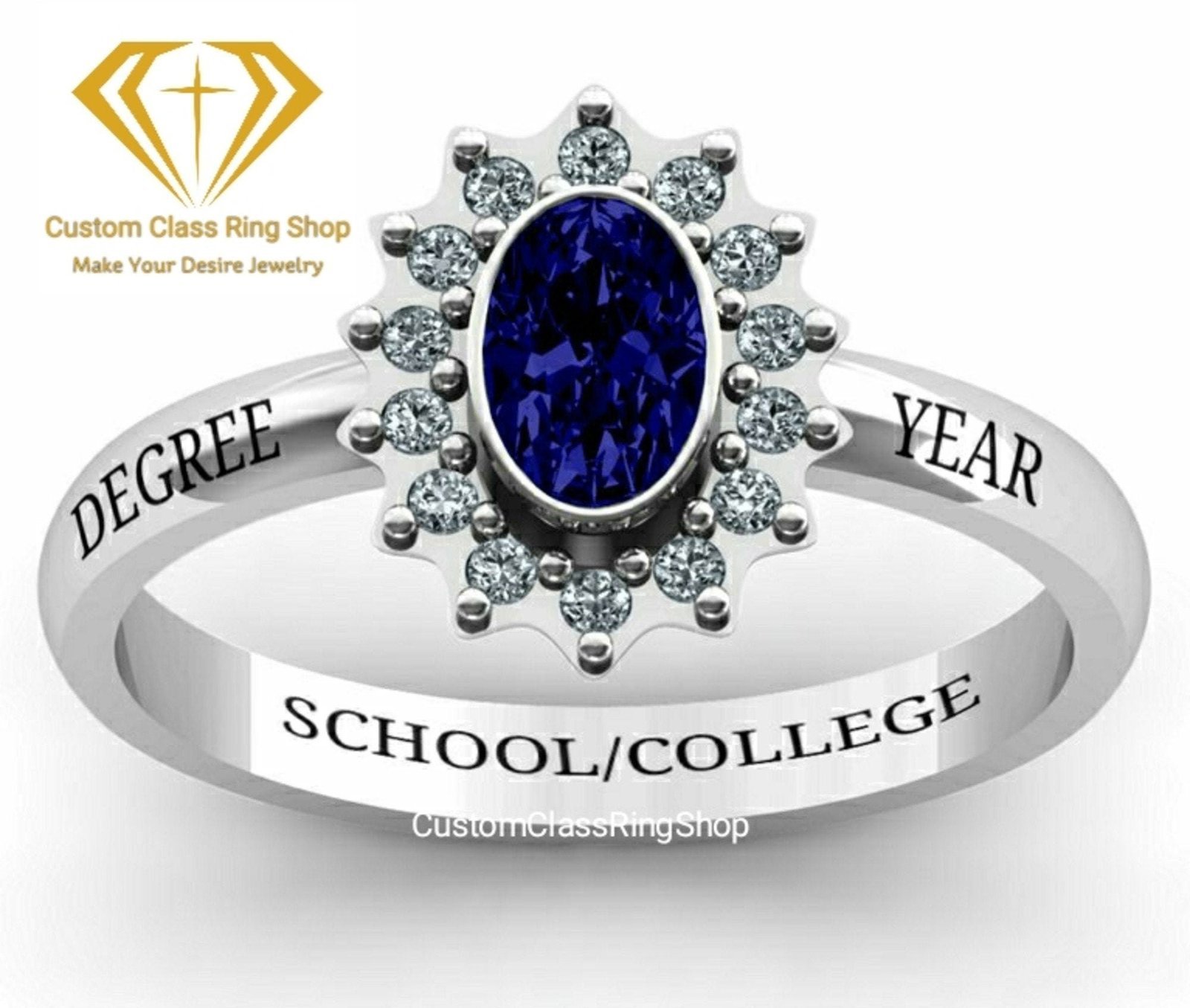 Contemporary Class Ring for Her, Oval Stone Gold or Sterling Silver