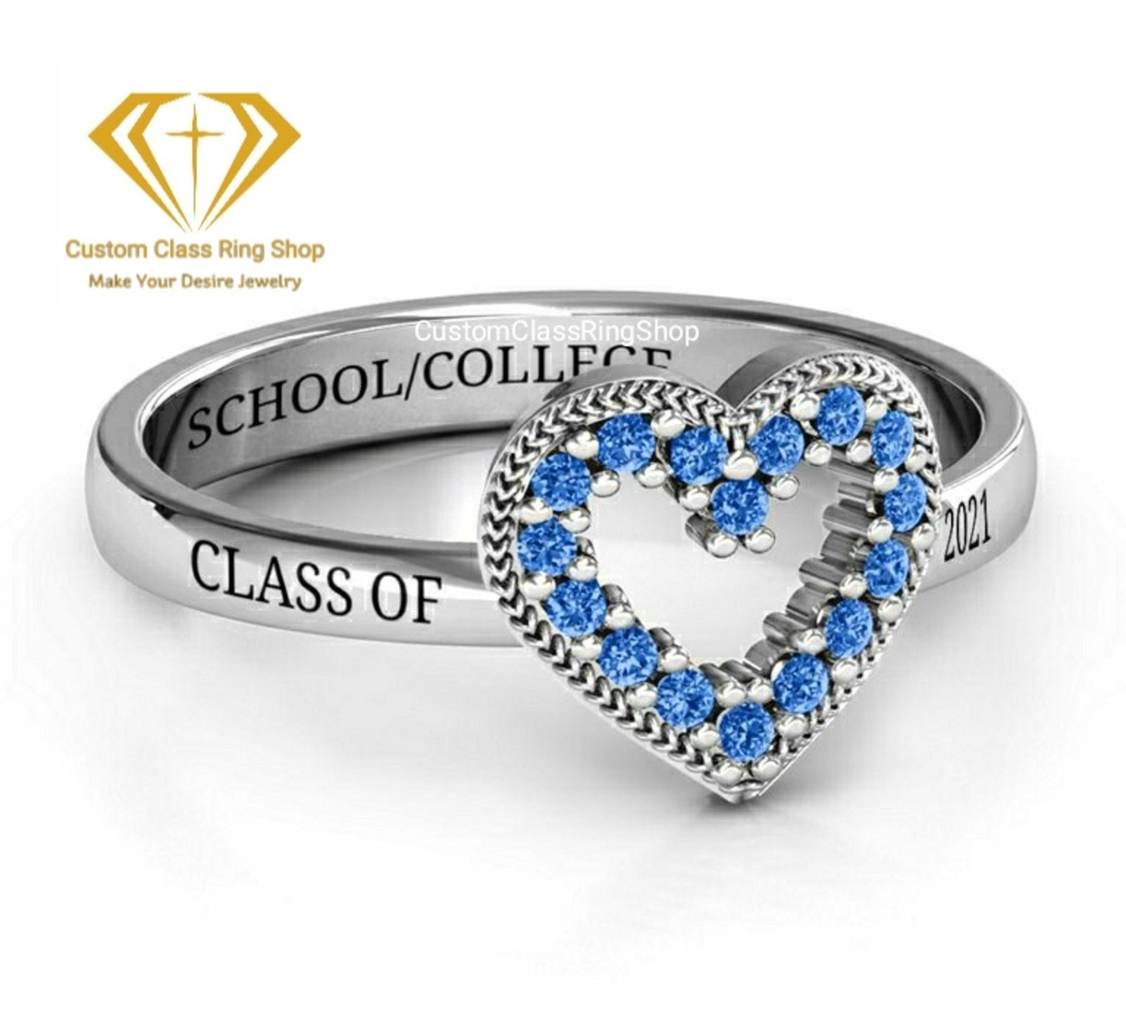 Heart Band Class Ring for Her, Solid Gold or 925 Silver Gift