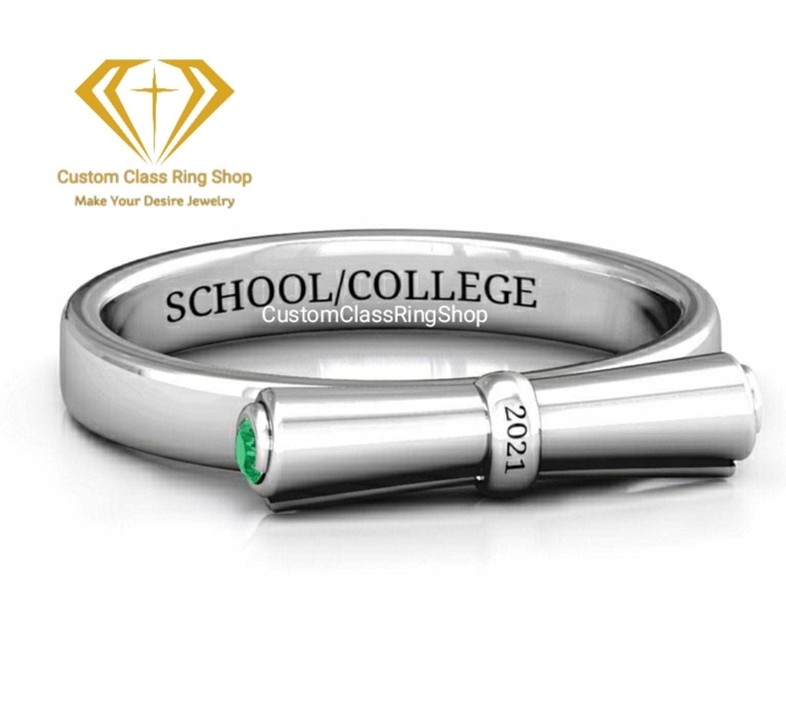University Graduation Ring with Round Stone, 925 Silver Gift