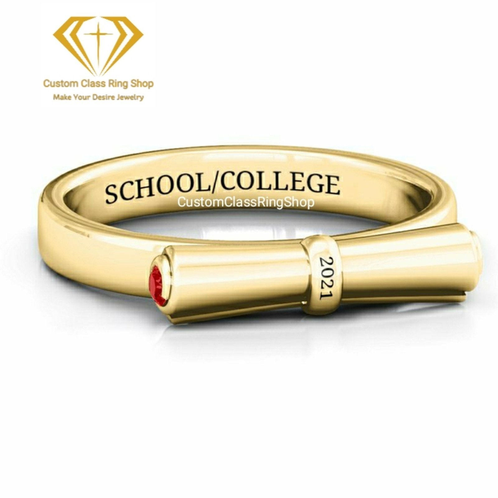 Round College Senior Ring, Solid Gold or Sterling Silver Gift - Image 3
