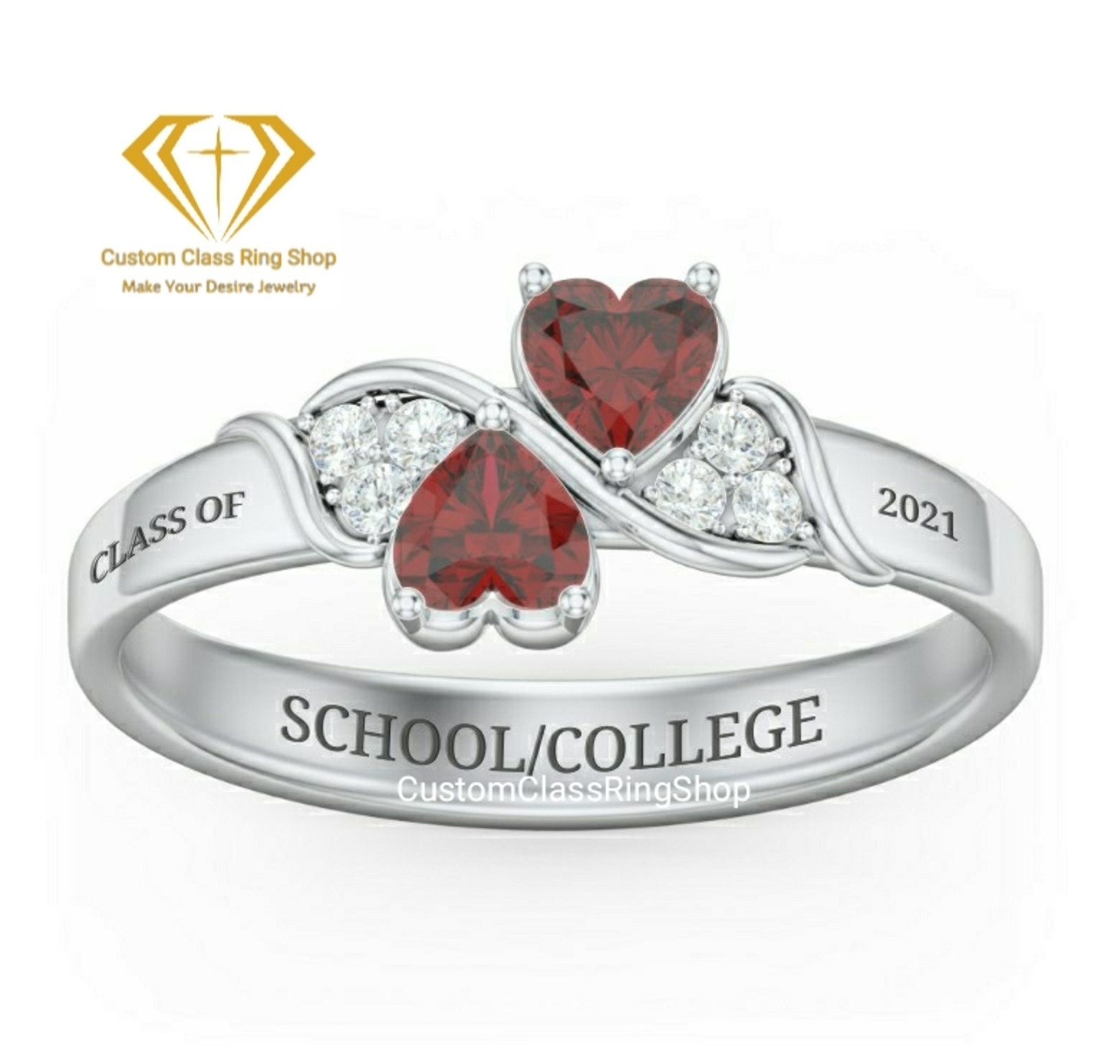 Heart Detail High School Ring, Handmade Sterling Silver Class Gift