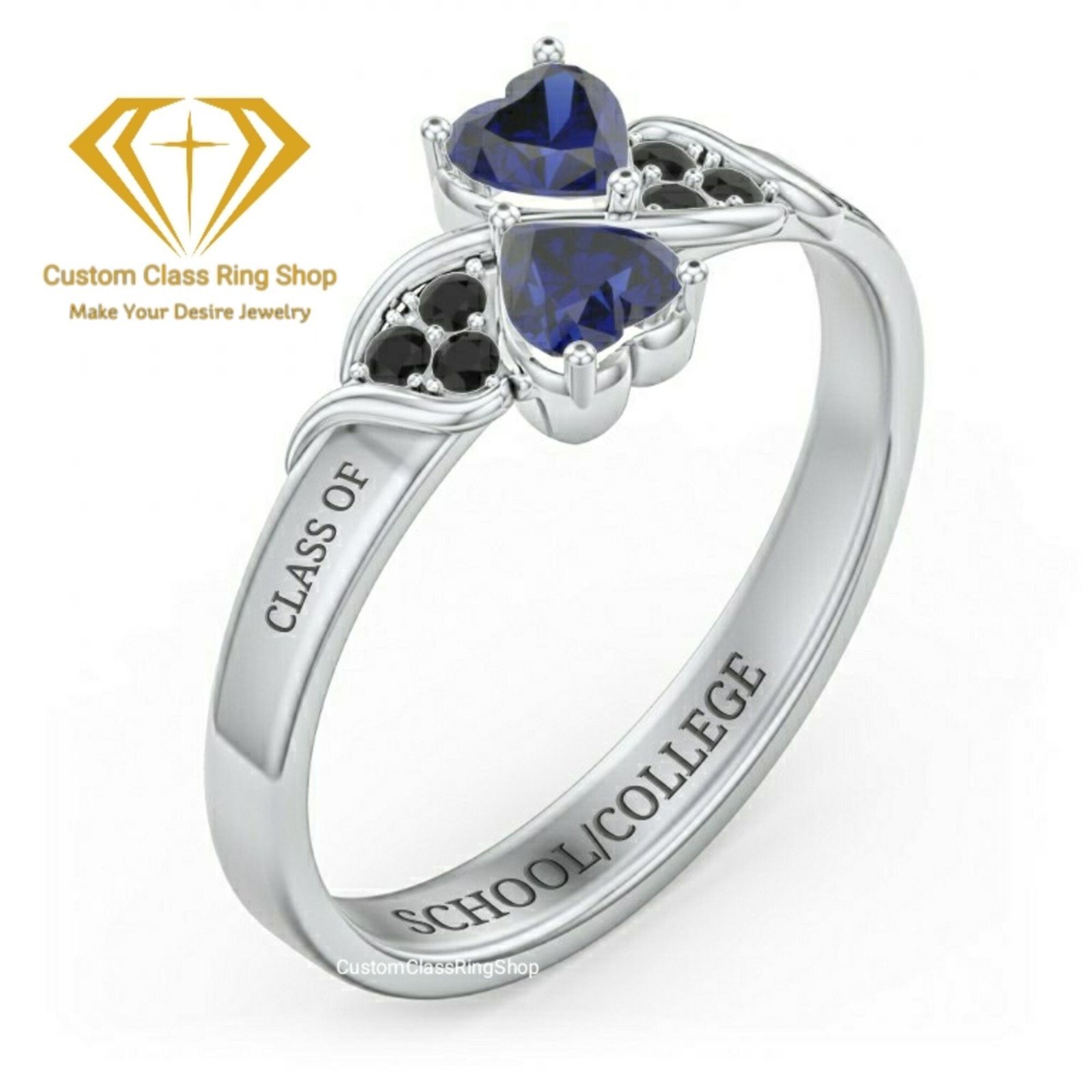Heart Senior Class Ring, Solid Gold or Sterling Silver Gift - Image 2