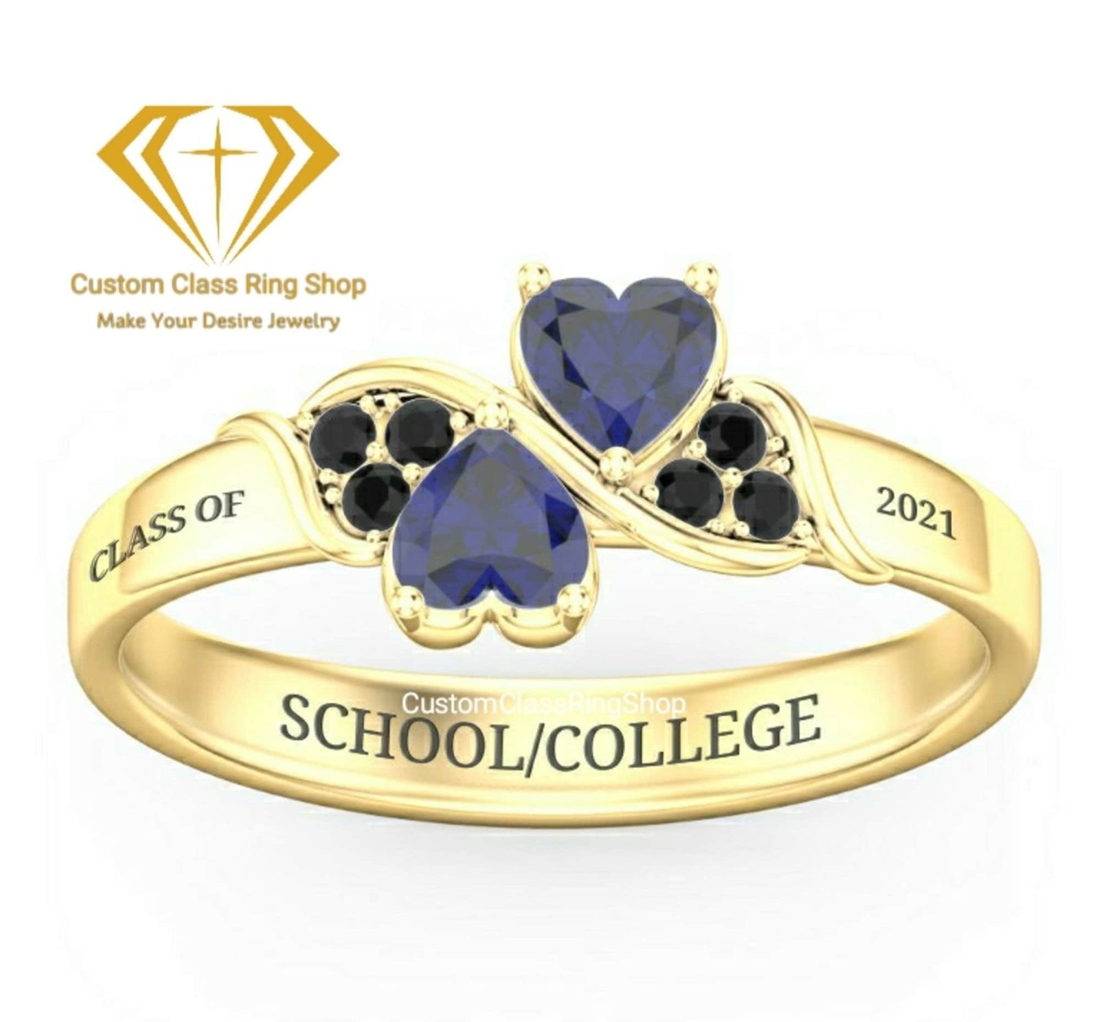 Heart Senior Class Ring, Solid Gold or Sterling Silver Gift - Image 3