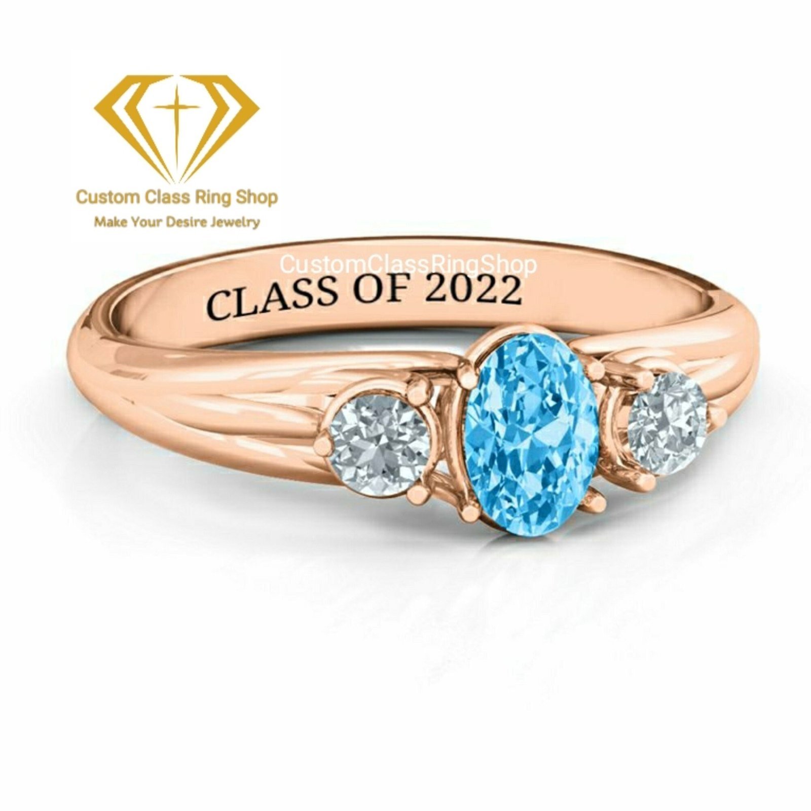 Oval Class Year Ring with Accents, Solid Gold or 925 Silver - Image 3