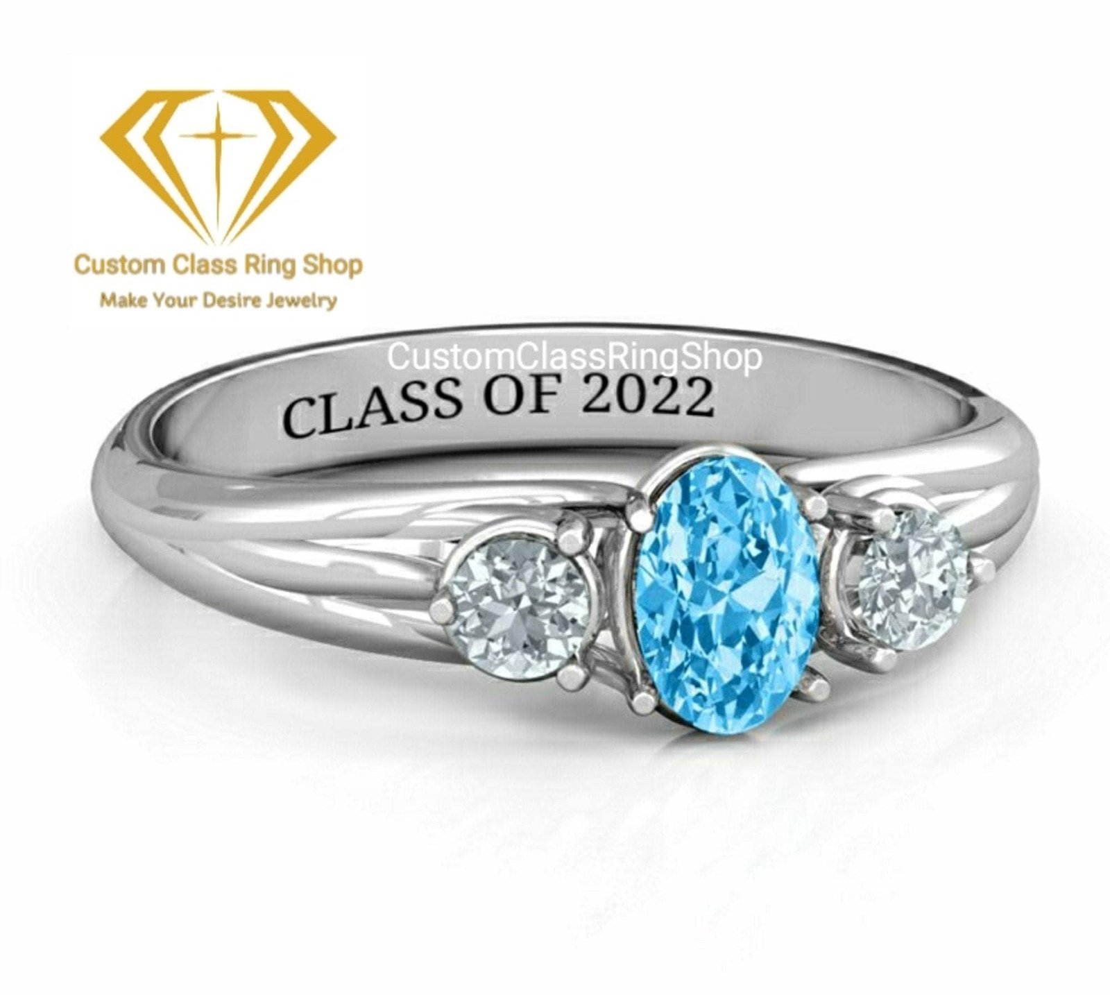 Oval Class Year Ring with Accents, Solid Gold or 925 Silver