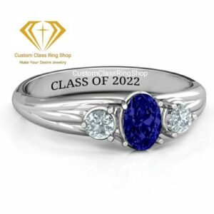 Oval and Round Accent Class Ring for Her, Solid Gold or Silver
