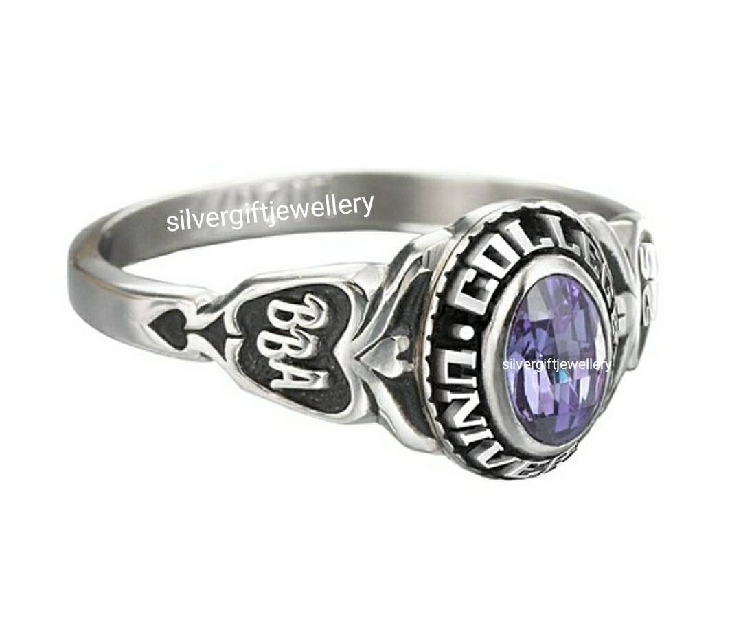 Heritage Grad Ring for Women, School Name Around Stone 925 Silver