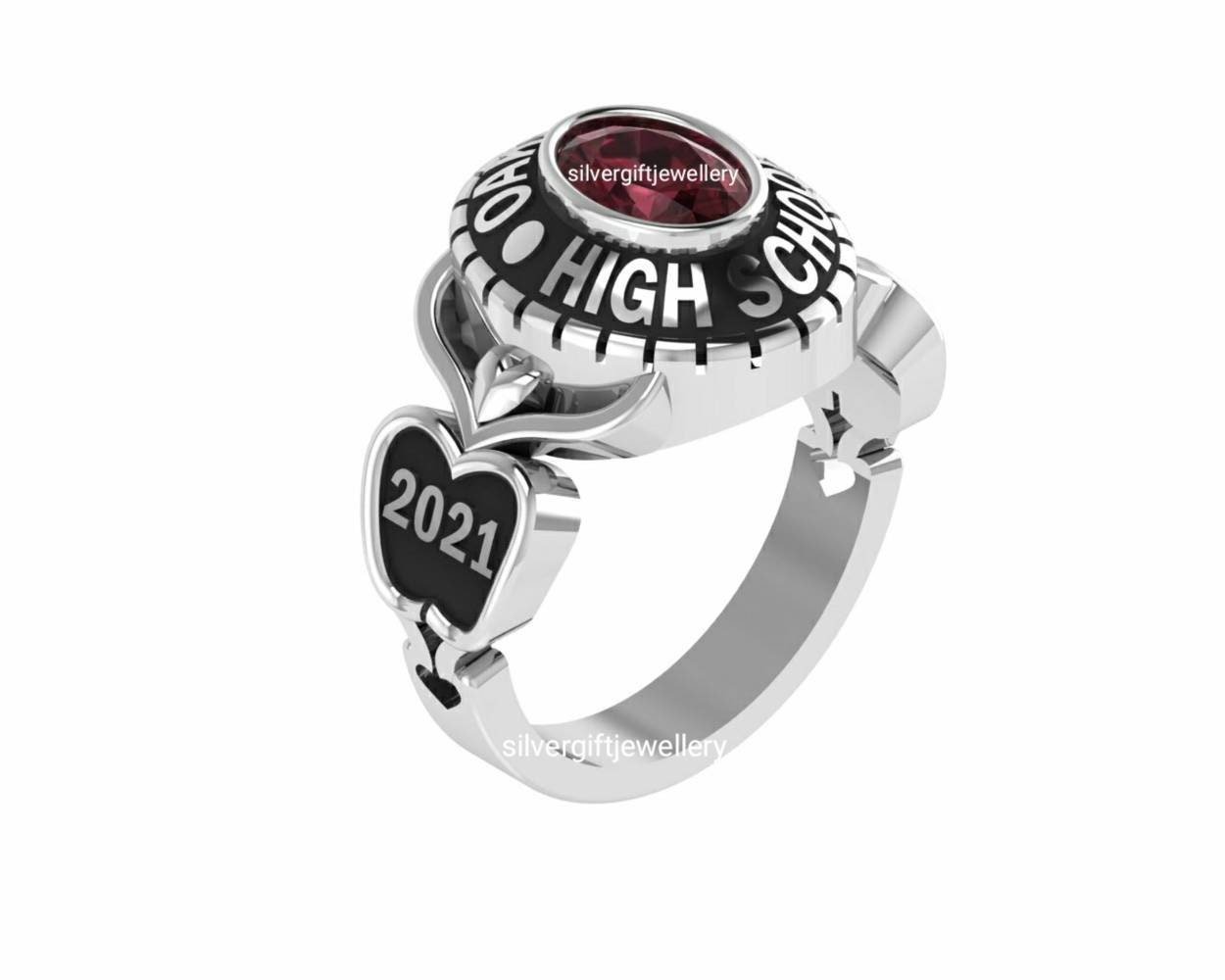 Handcrafted Oval Grad Ring for Her, School Name Around Stone 925 Silver - Image 2