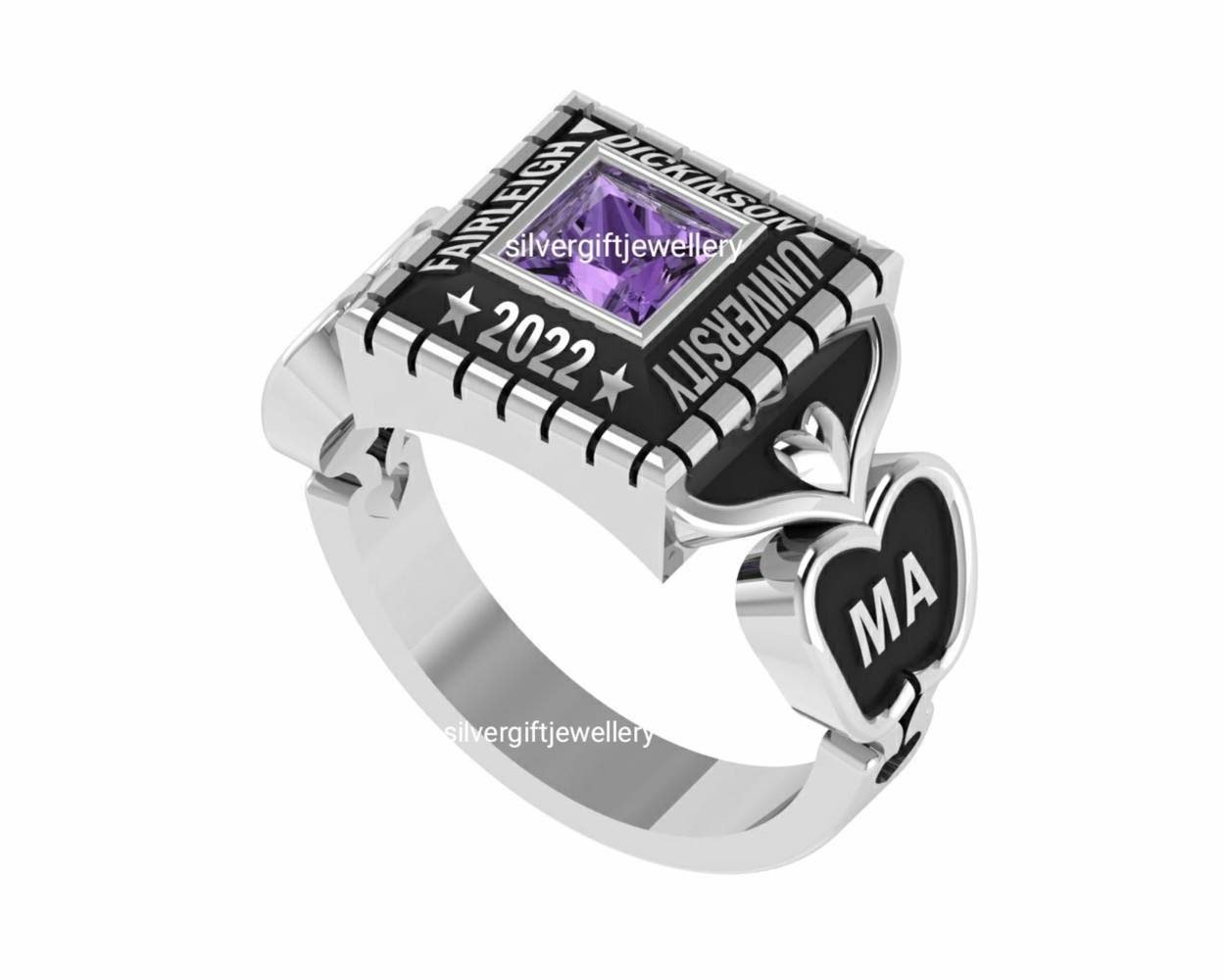 Princess Cut College Ring for Her, Personalized 925 Silver - Image 2