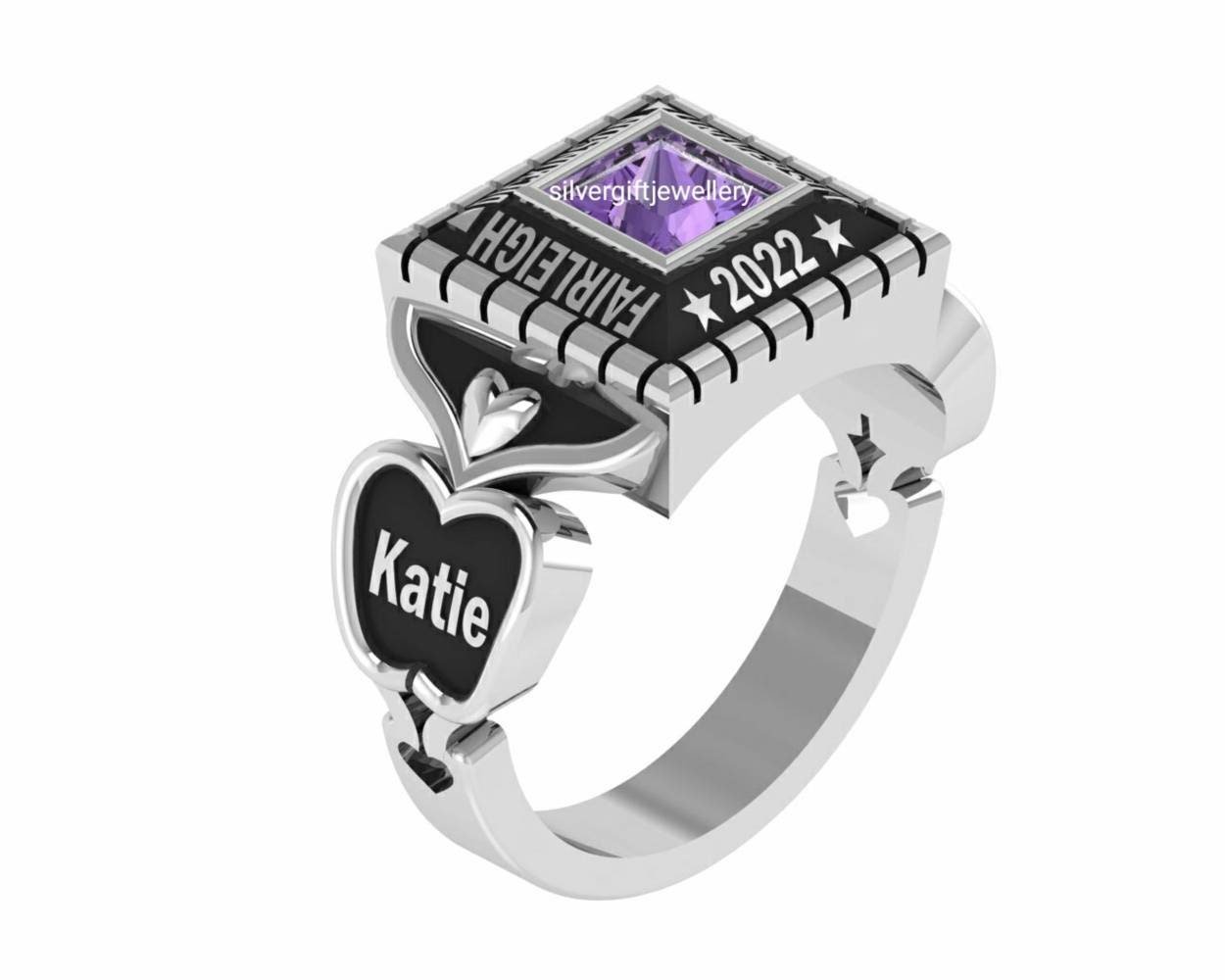 Princess Cut College Ring for Her, Personalized 925 Silver - Image 3