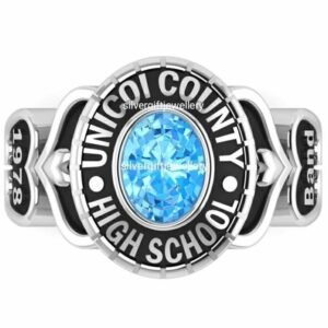 Small Stone Senior Ring for Her, School Name Around Stone 925 Silver