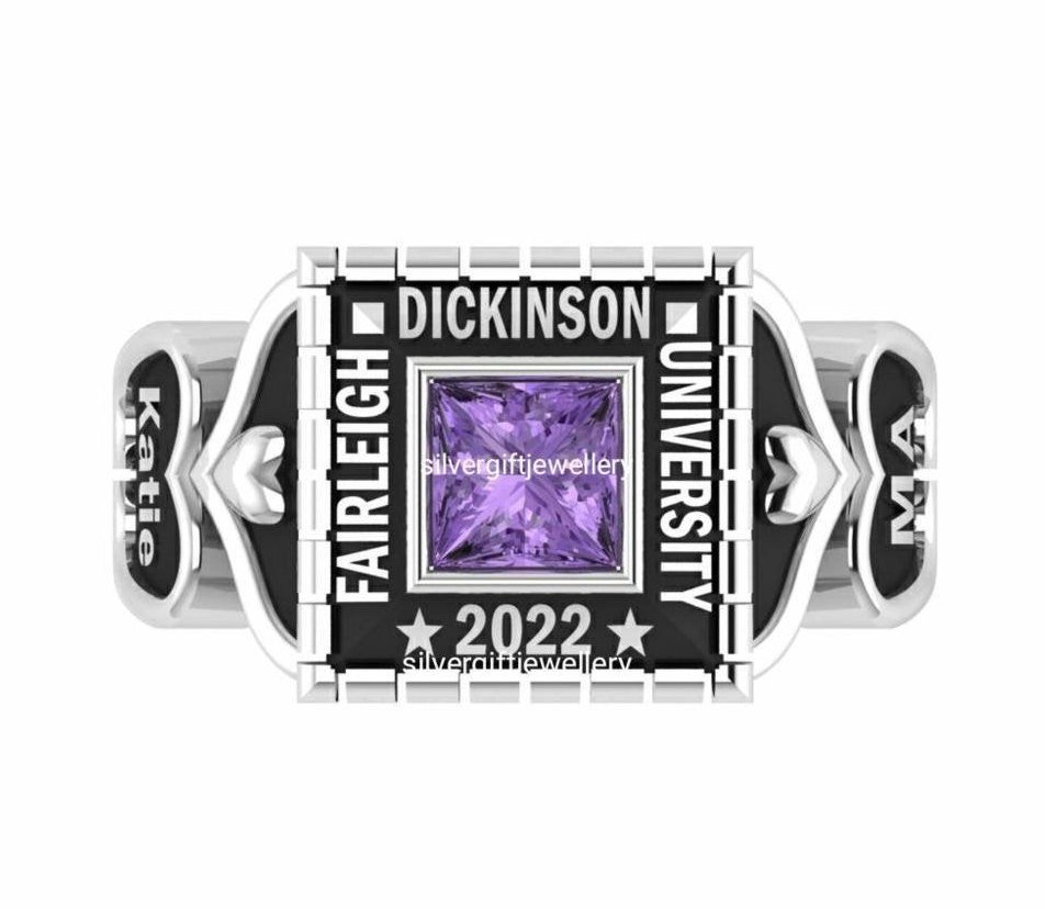 Princess Cut College Ring for Her, Personalized 925 Silver