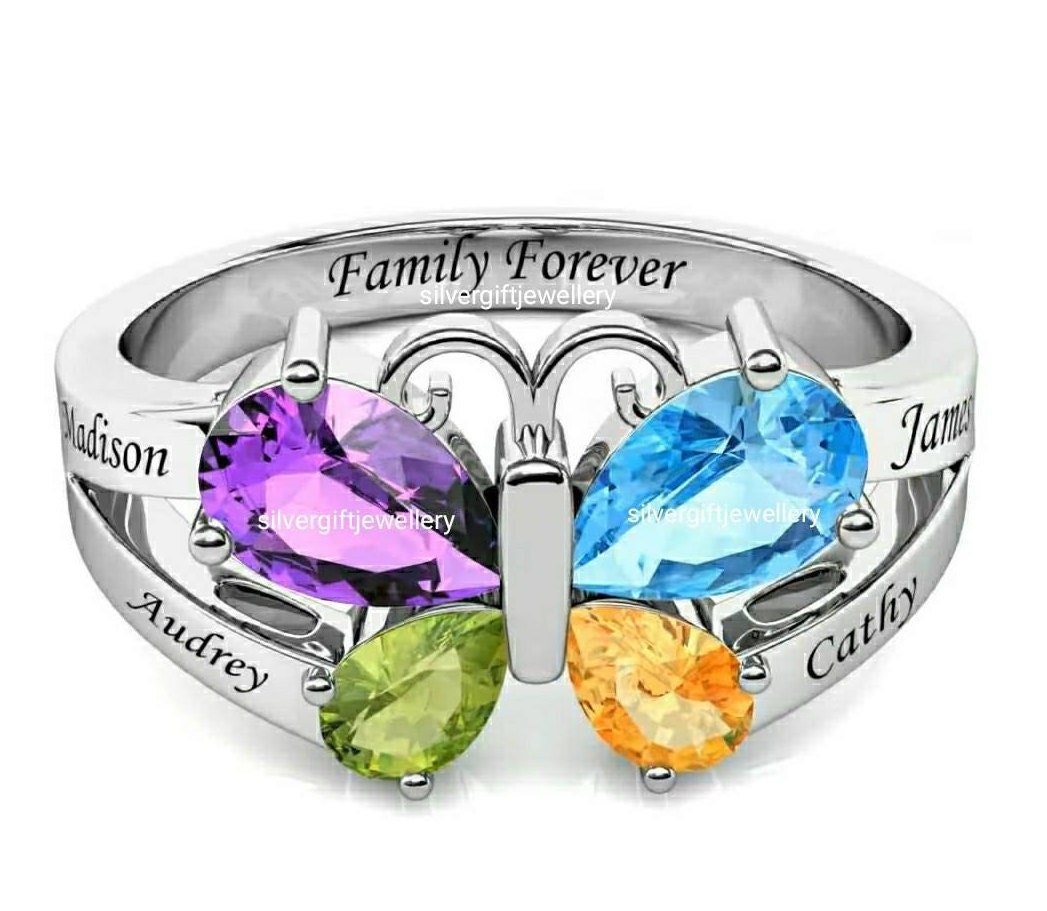 Name Butterfly Ring for Her, Gemstone Sterling Silver Ring