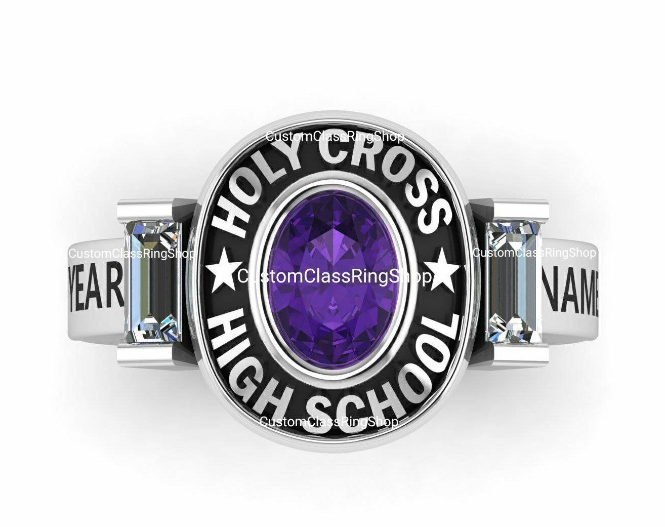 Oval Baguette Class Ring for Women, Sterling Silver Grad Gift
