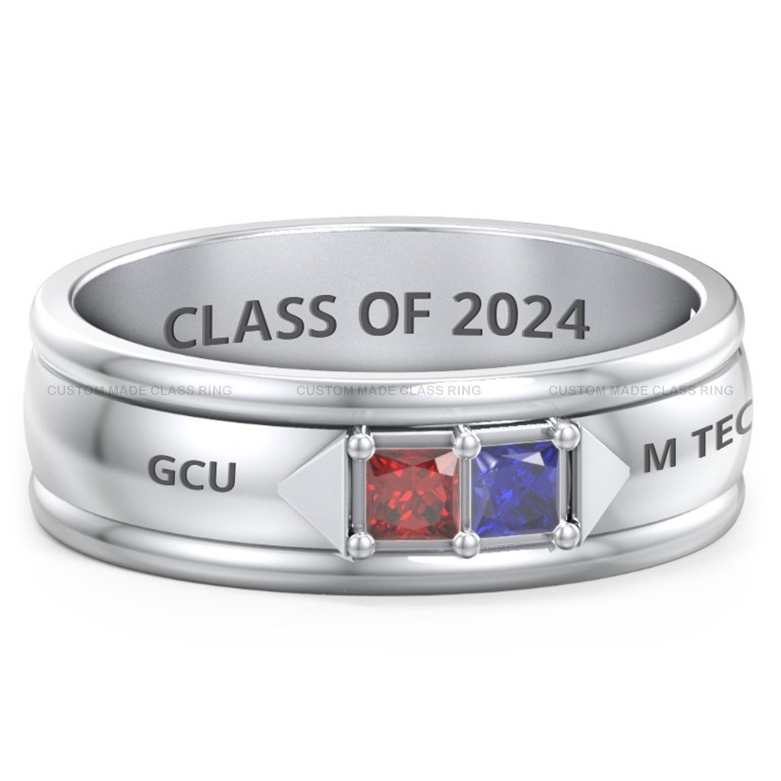 Two Stone Class Ring for Men, Princess Cut Stones 925 Silver