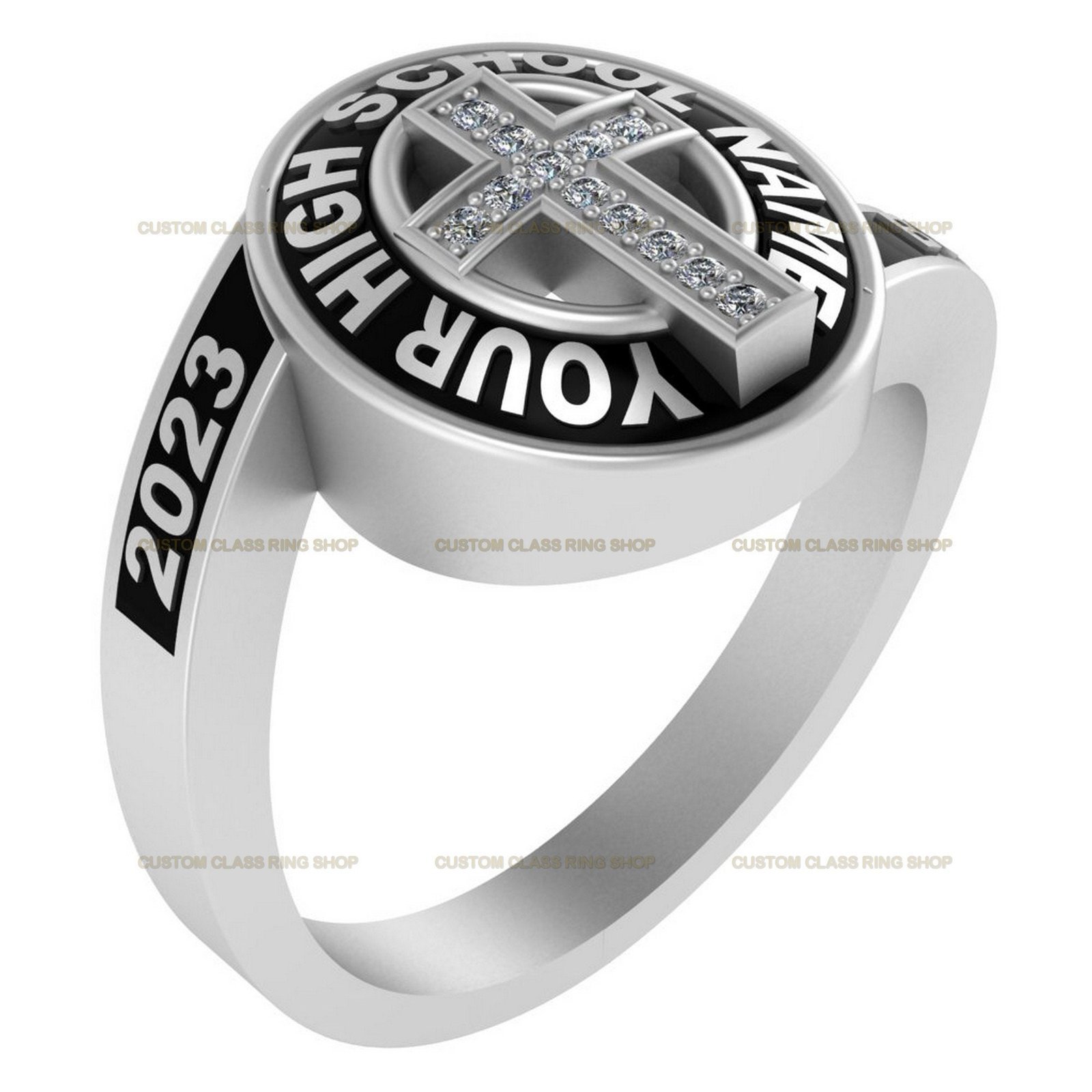 Christian Class Ring for Women, Cross Design with Moissanite - Image 2