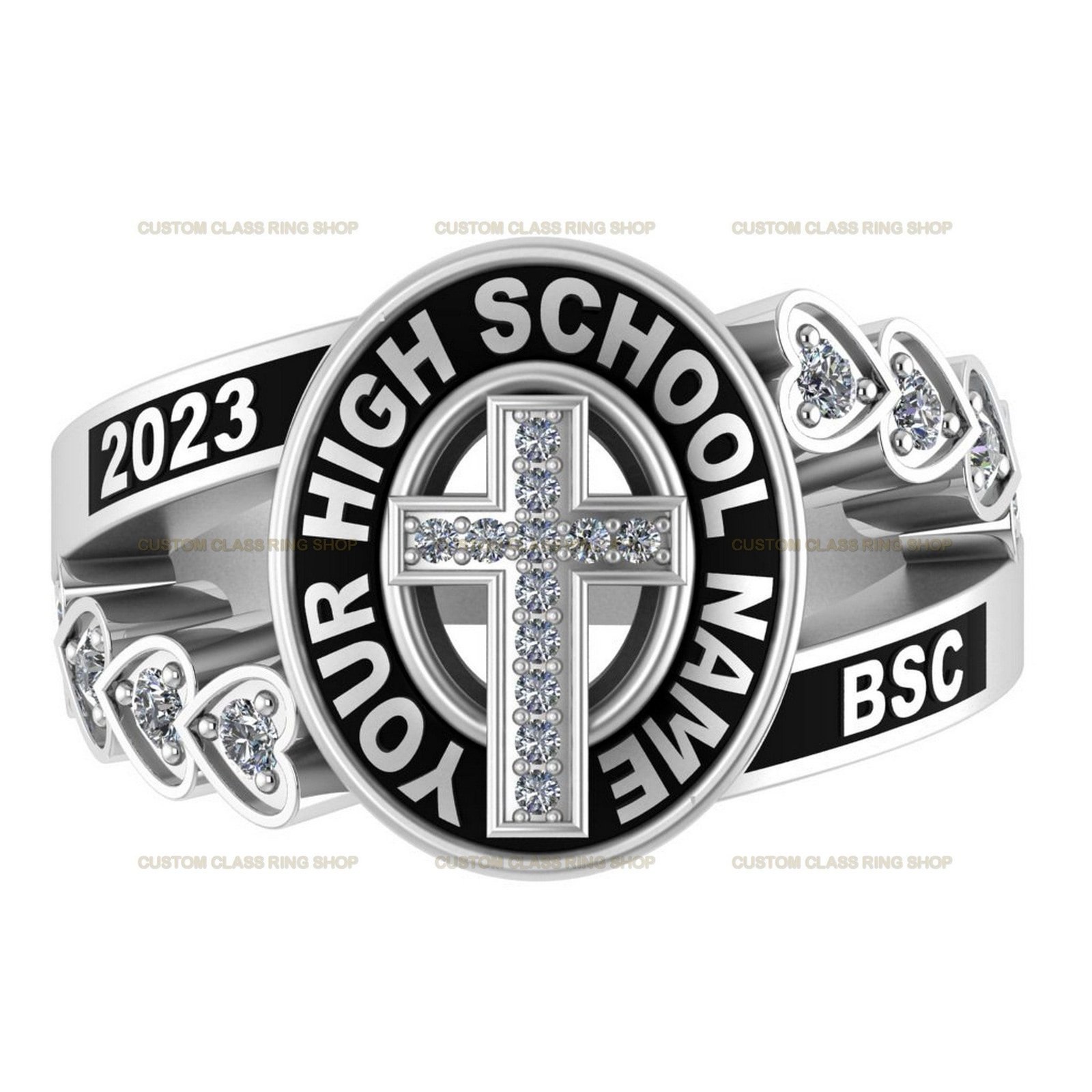 Cross Class Ring with Moissanite, High School Faith Gift in 925 Silver