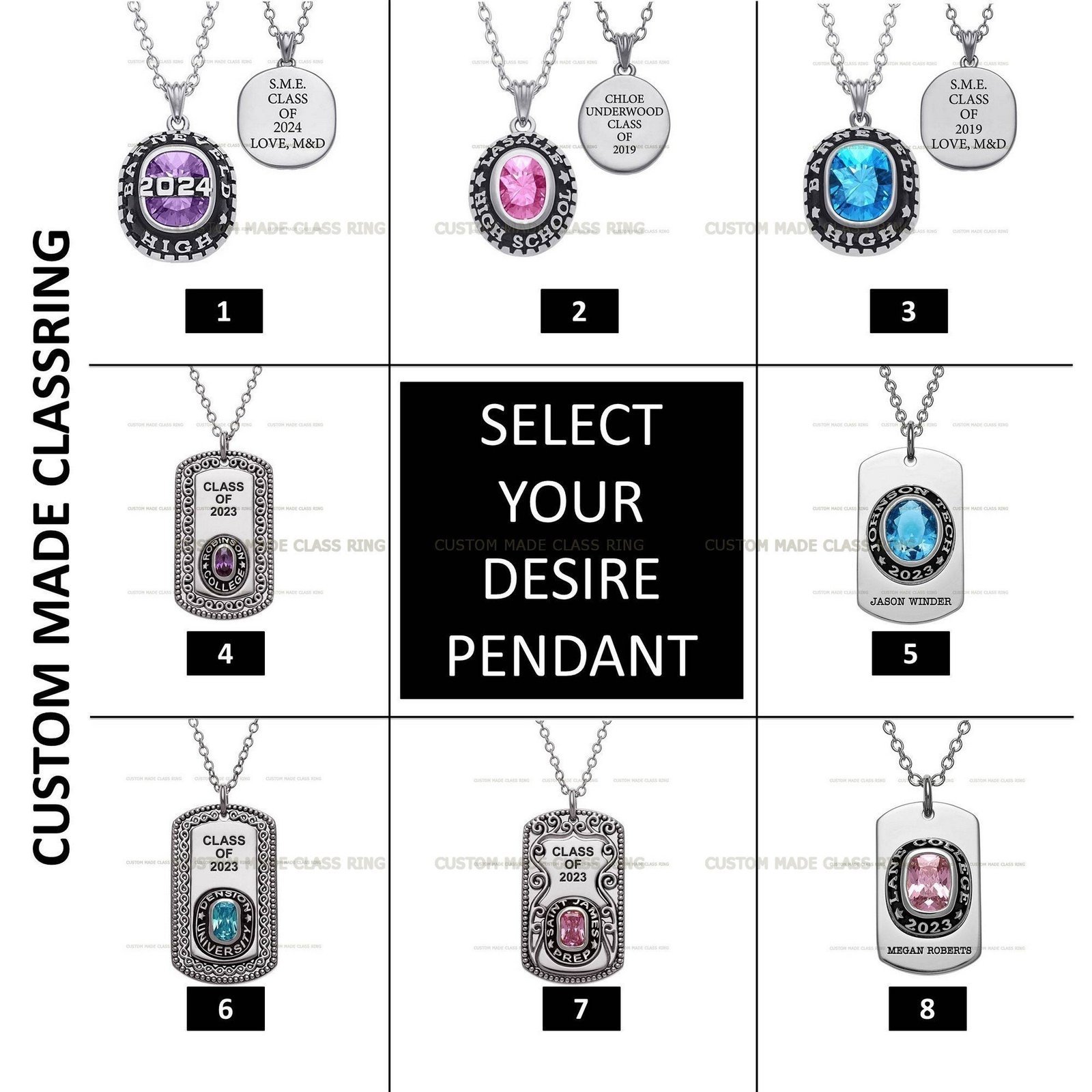 Custom Class Pendant, Fully Personalized School Necklace 925 Silver - Image 2