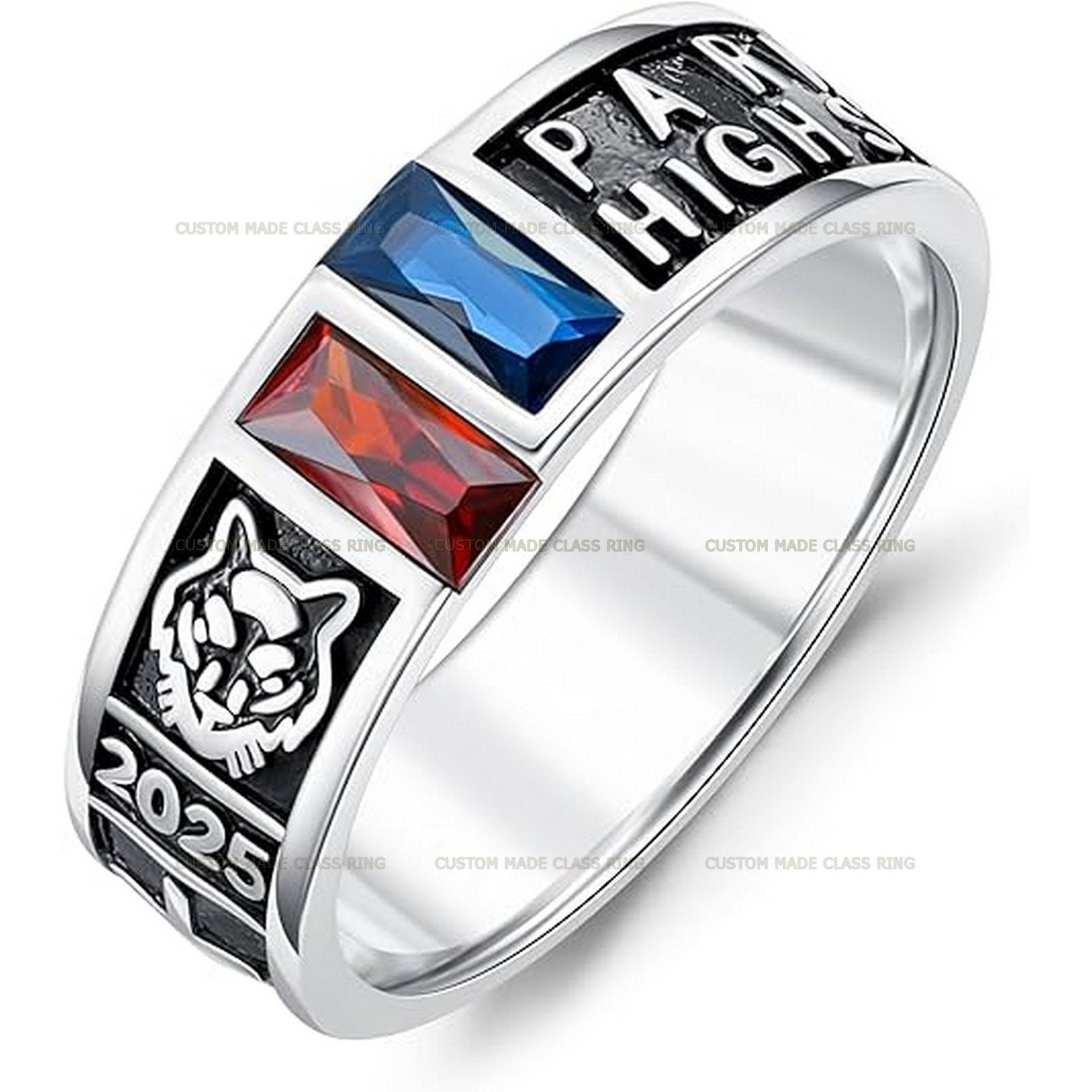 School Crest Ring Band, Gemstone and Crest Design 925 Silver