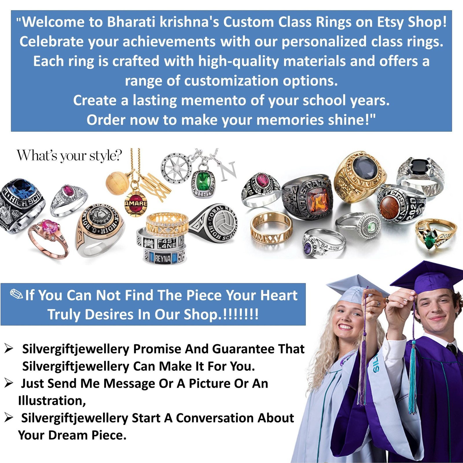 Engraved Class Ring for Her, Top, Sides and Inside 925 Silver - Image 7