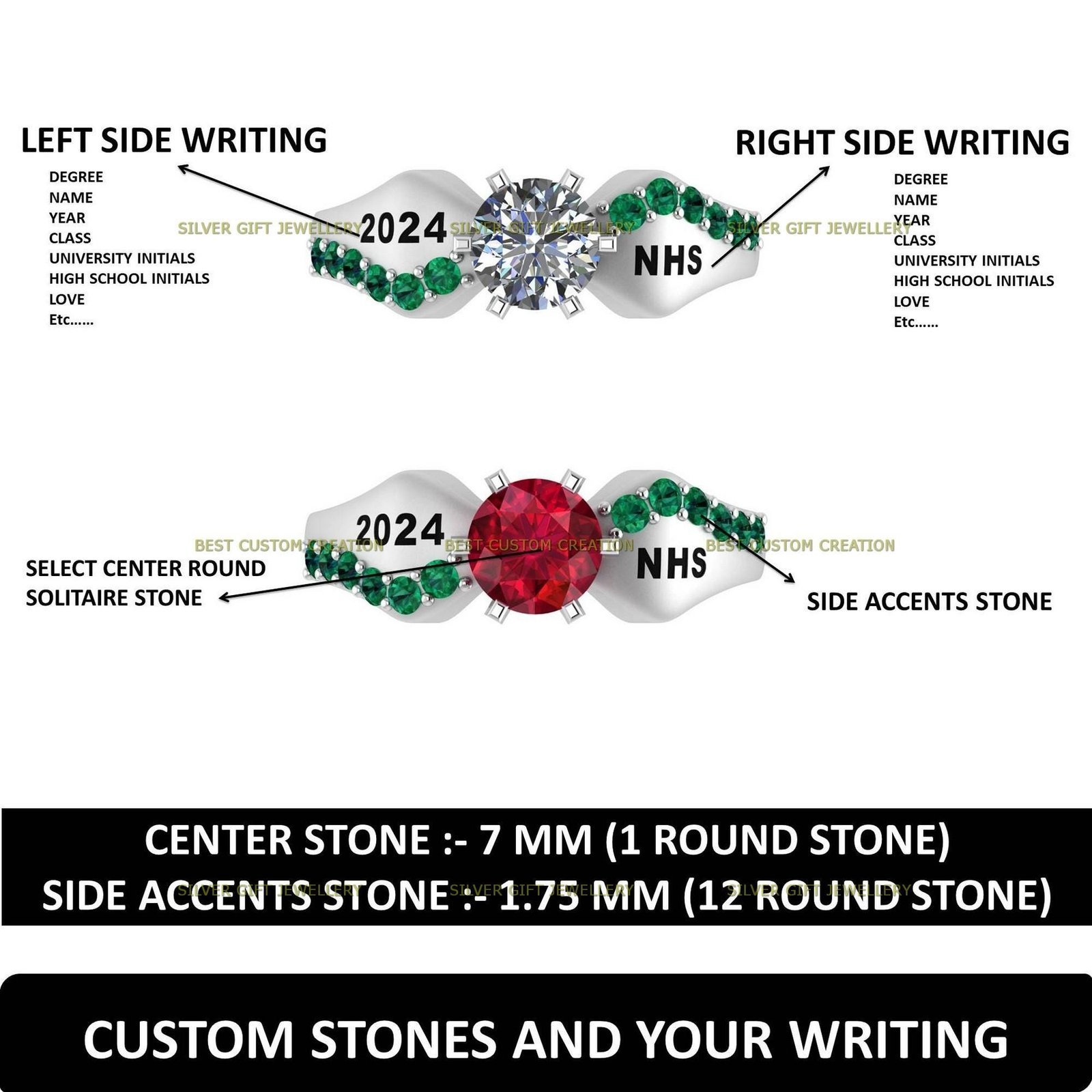 Wings of Wisdom Ring, Personalized Graduation Class Ring 925 Silver - Image 3