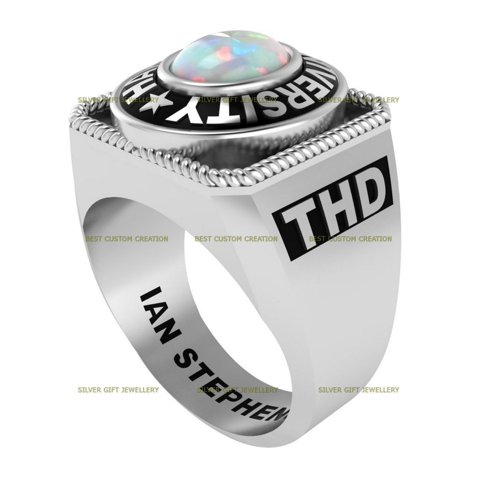 Opal Achievement Ring, Custom Engraved School Ring 925 Silver - Image 2