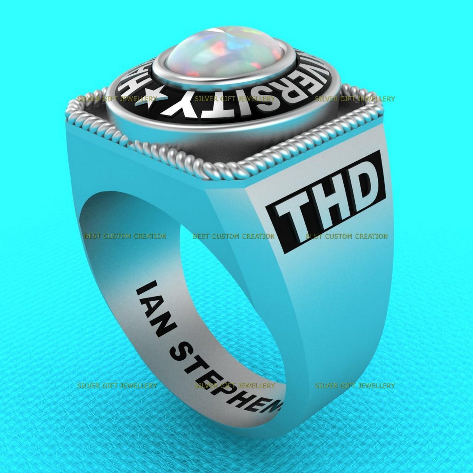 Opal Achievement Ring, Custom Engraved School Ring 925 Silver - Image 6