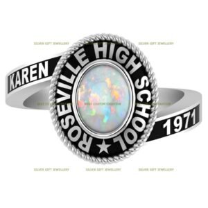 Women's Opal Graduation Ring, Personalized 925 Silver Class Ring