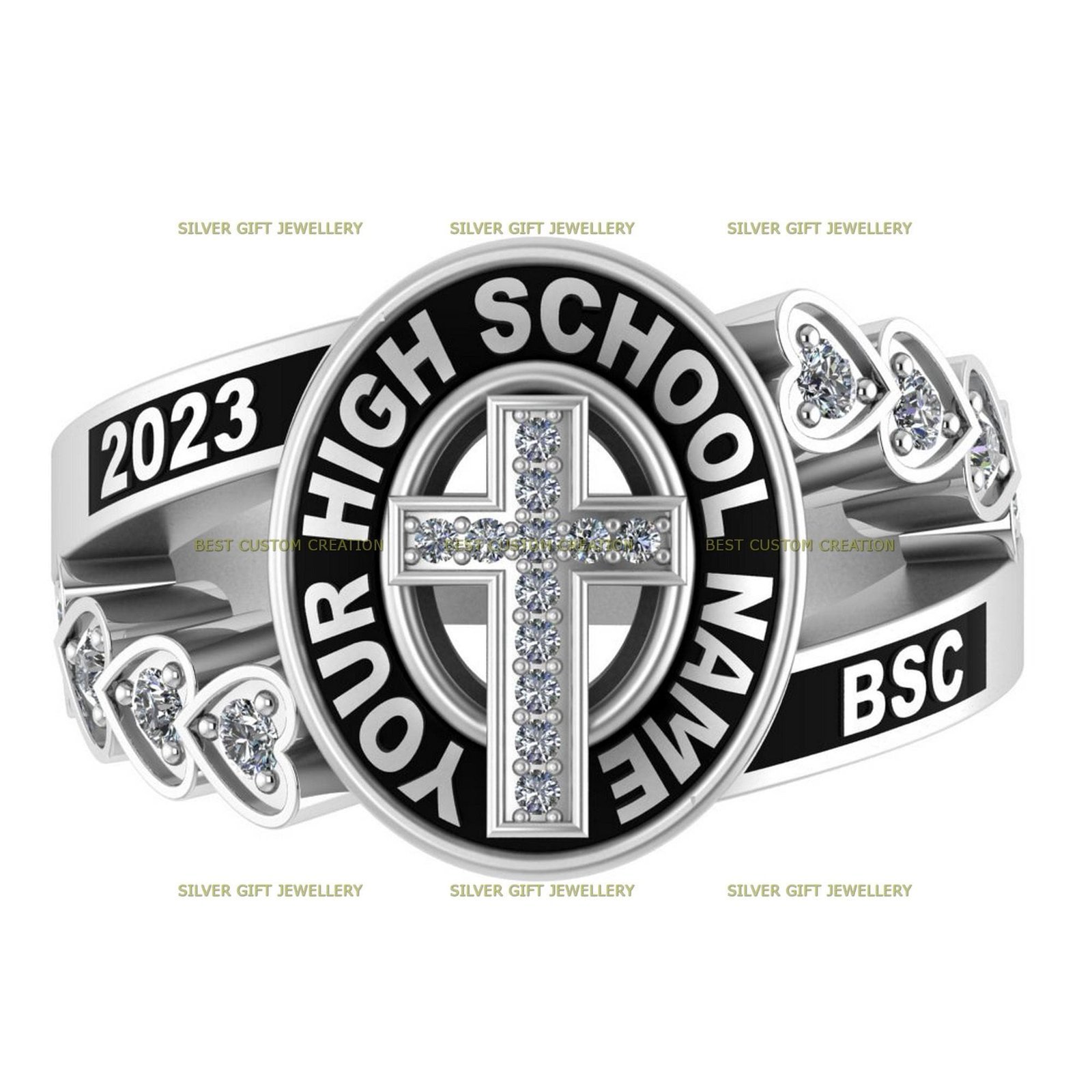 Cross Heritage Ring, Faith and Achievement Class Ring 925 Silver