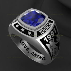 Two Logo Class Ring, Custom Side Emblems in 925 Silver