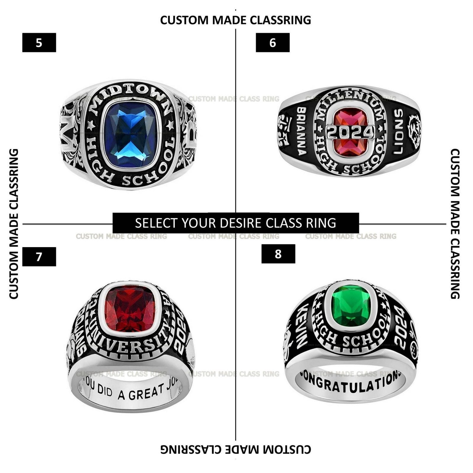 Handcrafted Senior Class Ring, Personalized Graduation Gift 925 Silver - Image 4