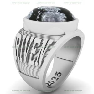 Snowflake Obsidian Class Ring for Men, Engraved 925 Silver