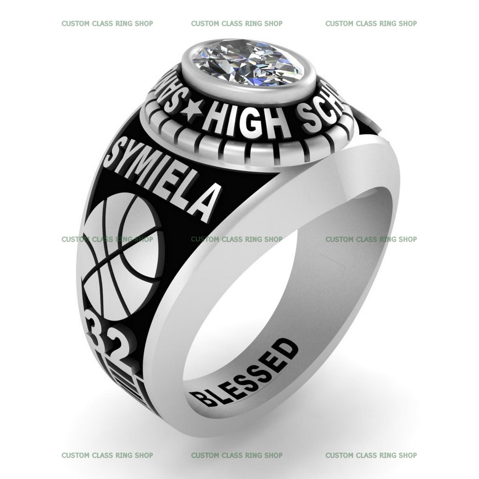 Women's Custom Class Ring, Classic College Senior Design 925 Silver
