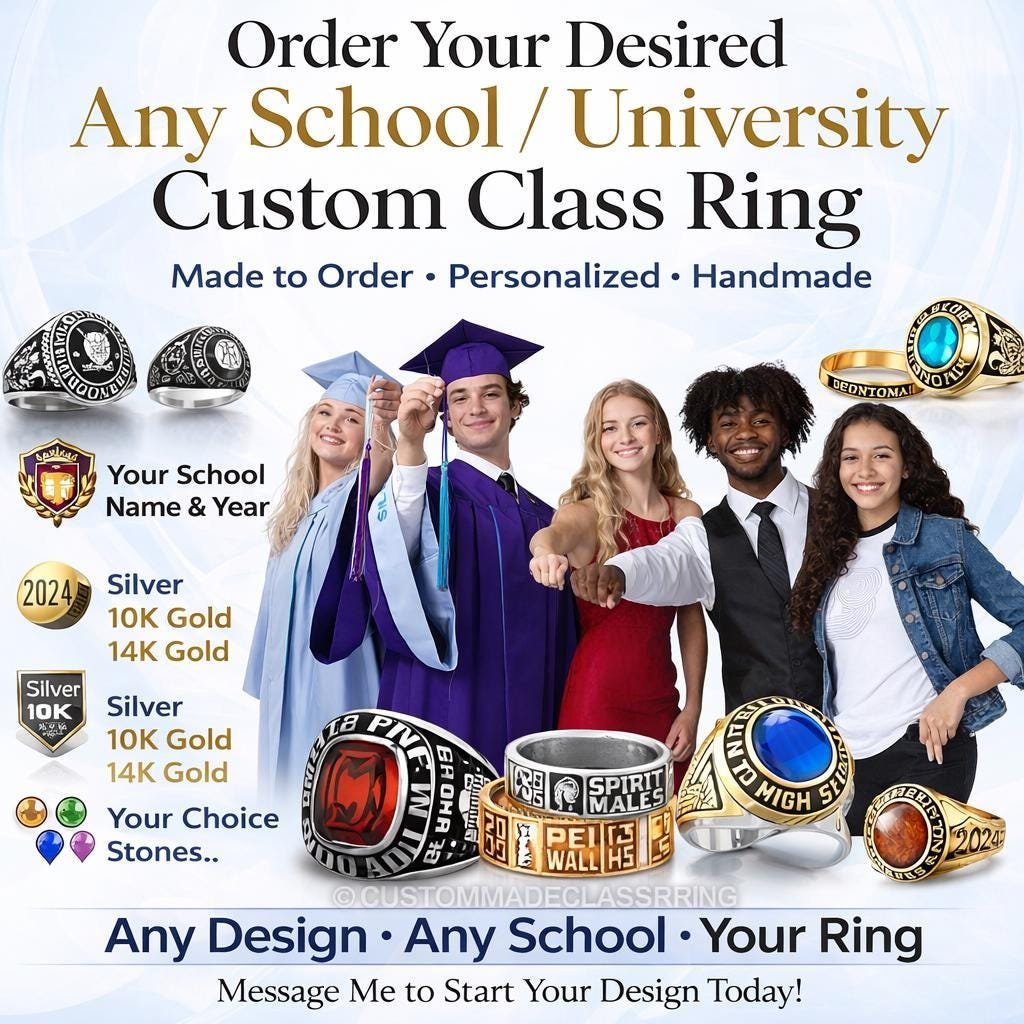 Custom High School Ring for Him, Solid Gold or Sterling Silver